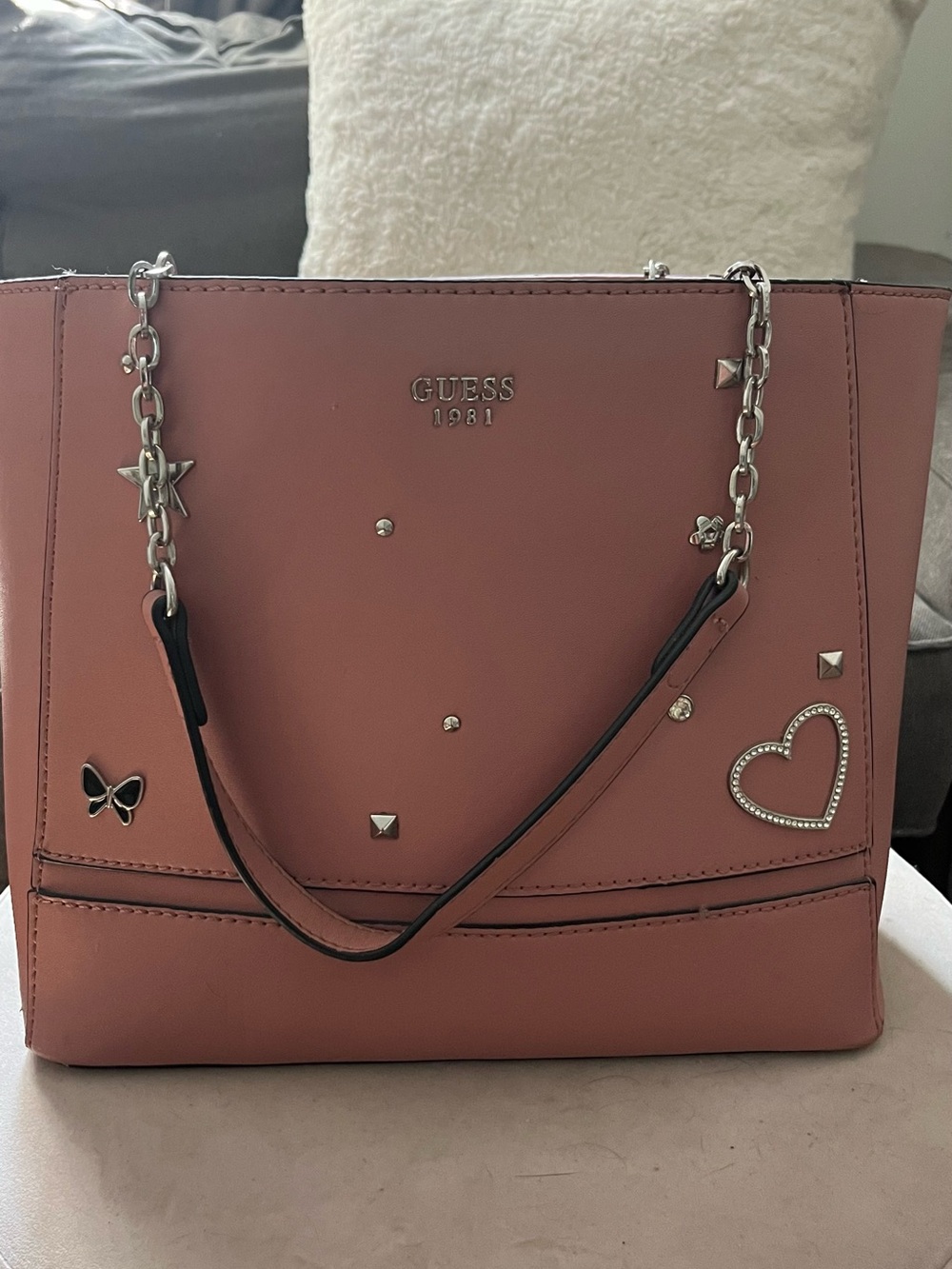 GUESS Pink Tote with Chain Straps and Heart Charm